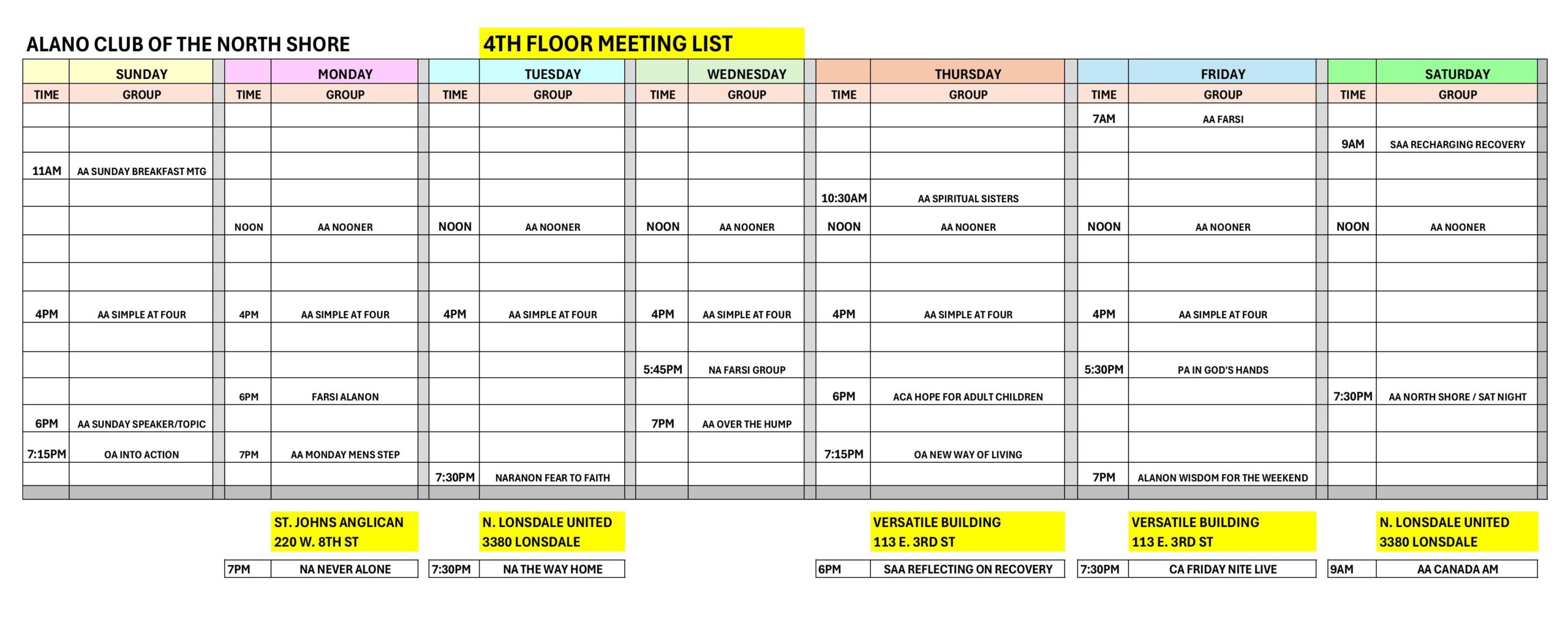 ALANO Weekly Schedule of Temporary Locations
