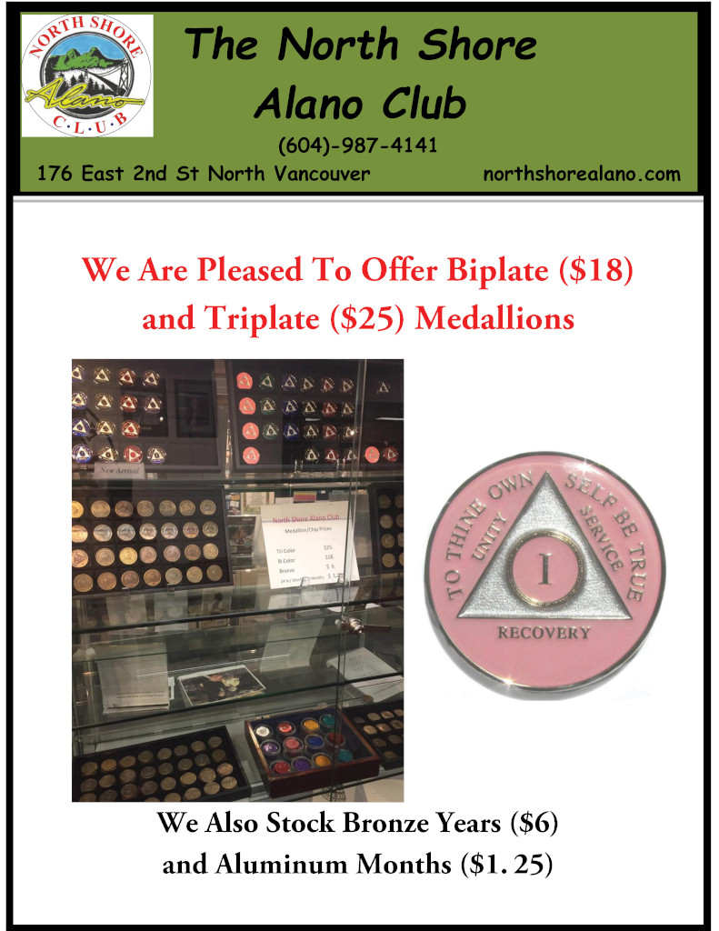 Poster showing a display case with sobriety medallions. A pink 1 year medallion is highlighted. The costs are displayed.
